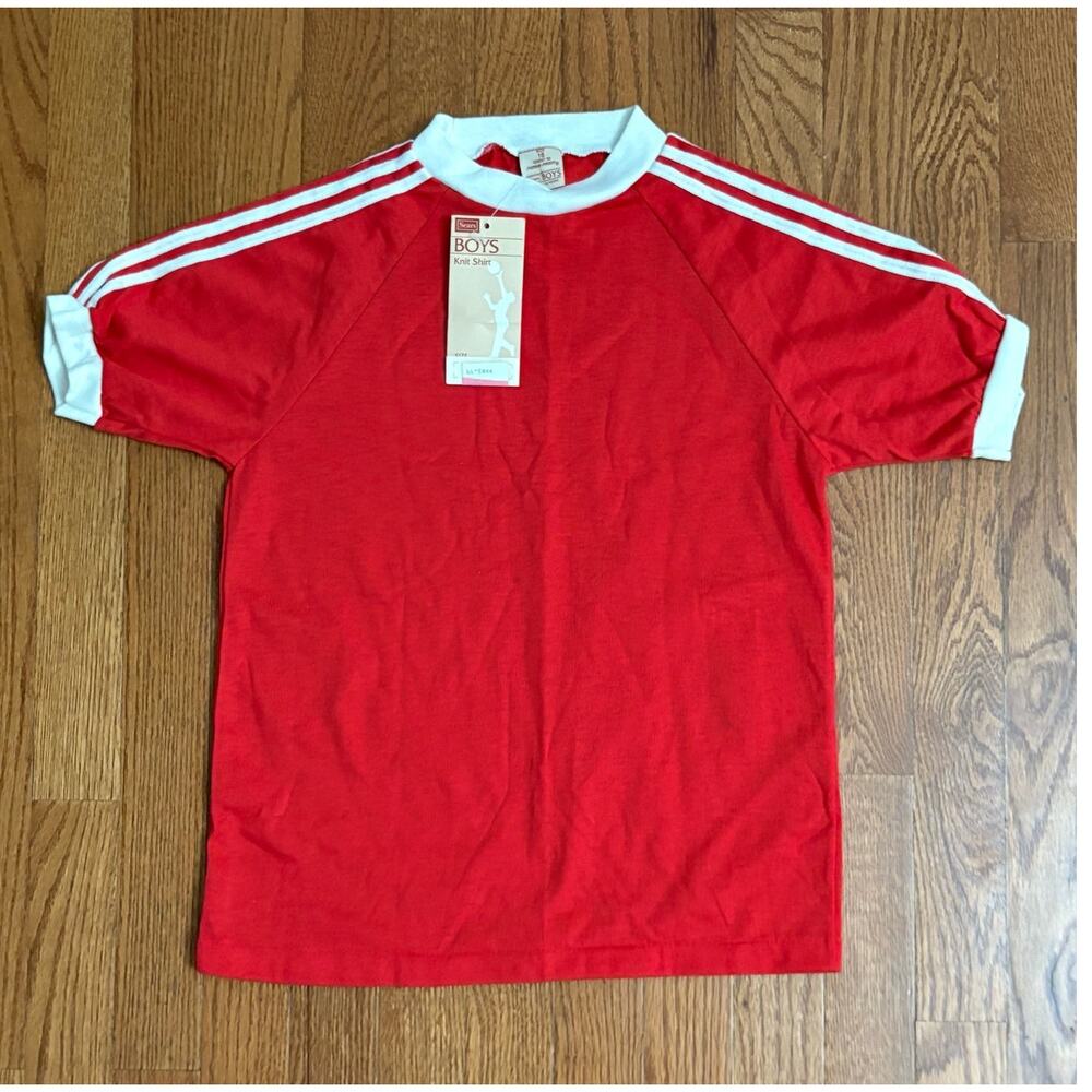 VTG 70s Sears Boys Perma-Press‎ Short Sleeve Striped Retro T Shirt Red White 16